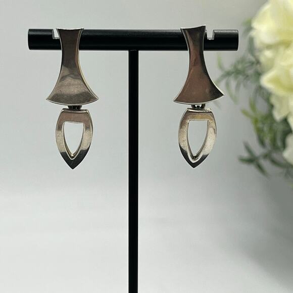 925 Sterling Silver Geometric Double Dangle Drop Modernist Style Earrings - Picture 1 of 10